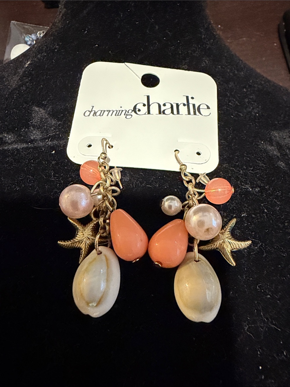 Charming Charlie Coral Teardrop, Pearl & Shell Dangle Earrings